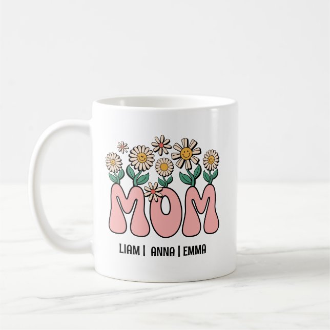 MOM | Retro Mama Custom Kids Names Mother's Day Coffee Mug (Left)