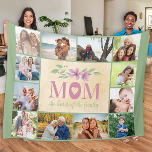 Mom the heart of the family 12 Photo Collage Green Fleece Blanket