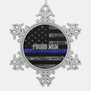 Mom Thin Blue Line Distressed Flag Snowflake Pewter Christmas Ornament