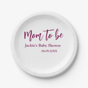 Mom to be baby shower name date pink simple minima paper plate