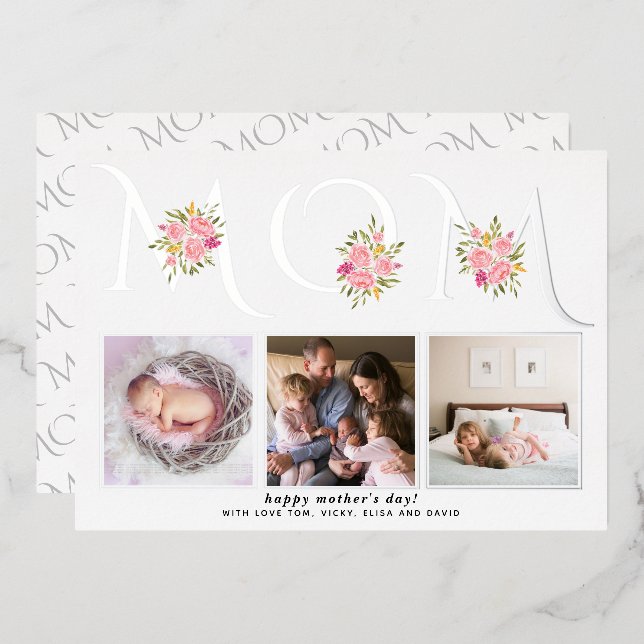MOM typography photo Mothers Day real silver Foil Holiday Card (Front/Back)