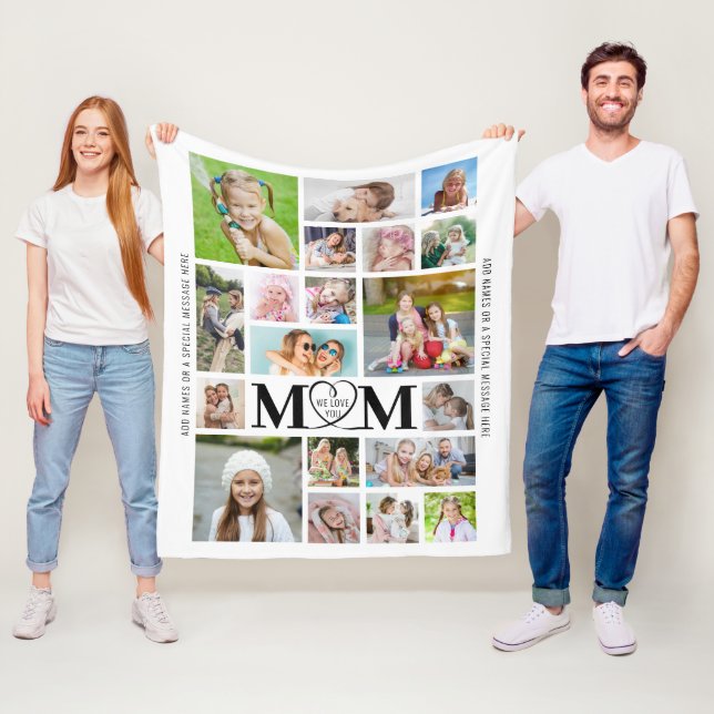 MOM WE LOVE YOU 19 Photo Collage Custom Colour Fleece Blanket (In Situ)