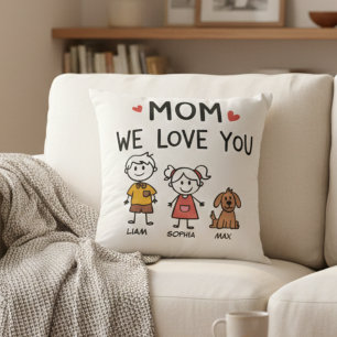 Mom We Love You Kids and Dog Family Names Cushion