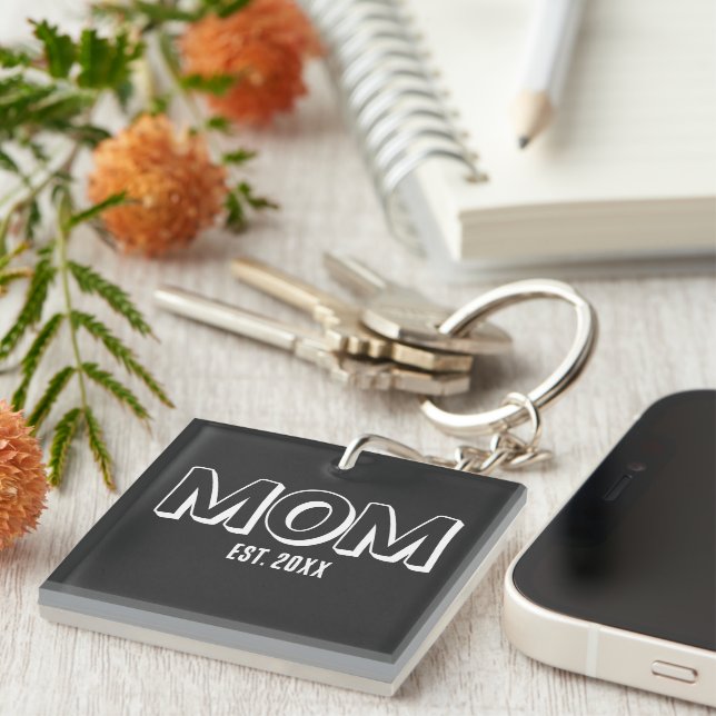 Mom White Minimal Typography Established Year Key Ring (Front Right)