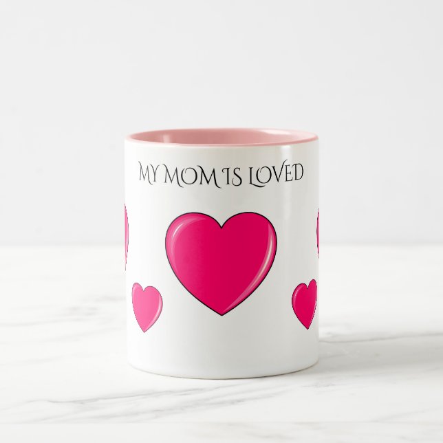 "MOM" with pink hearts coffee or tea mug. Two-Tone Coffee Mug (Center)
