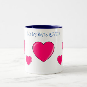 "MOM" with pink hearts coffee or tea mug. Two-Tone Coffee Mug