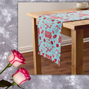 MOM/WOW: A Love Letter in Red on blue   Short Table Runner