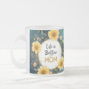 MOM Yellow Wildflowers Butterflies Frosted Glass Coffee Mug