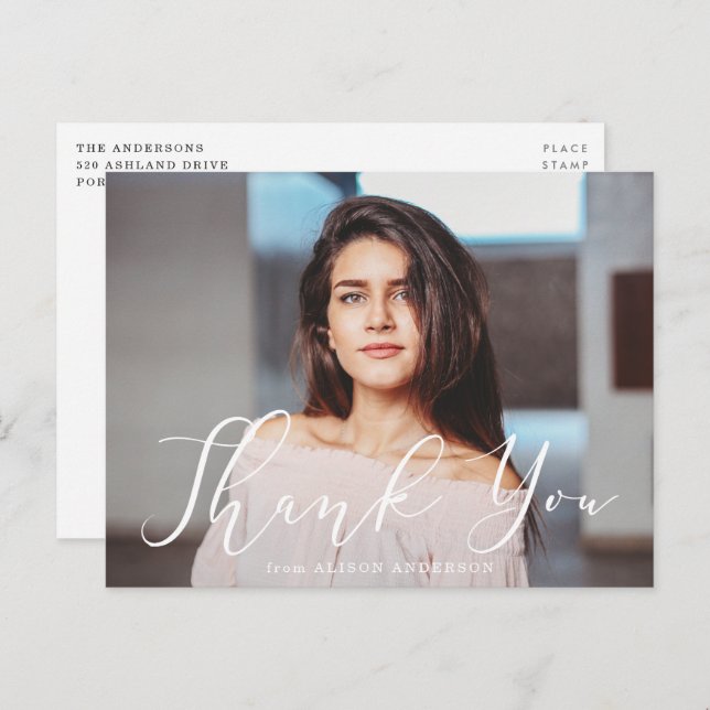 Momentous White Script Photo Graduation Thank You Postcard (Front/Back)