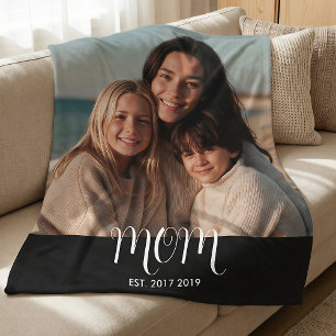 MomEstablished Black Modern Script Photo  Fleece Blanket
