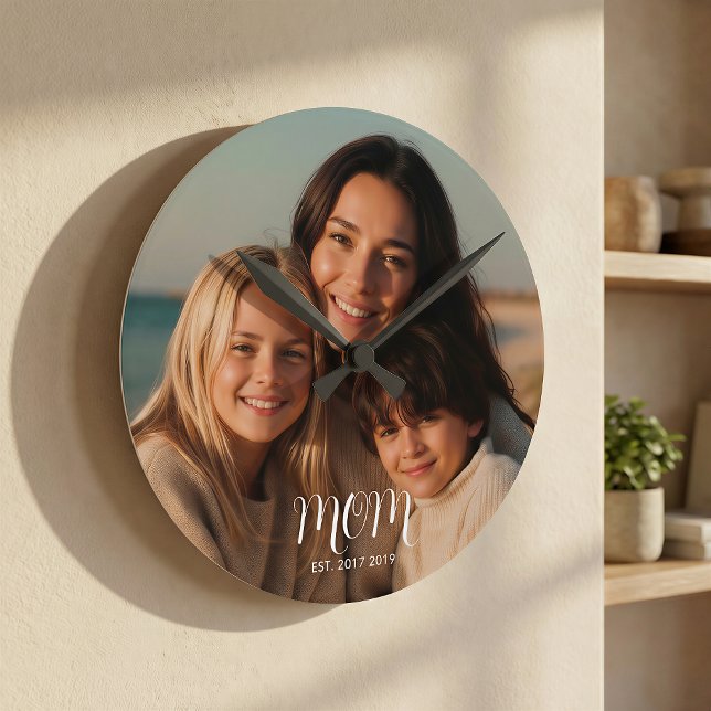 MomEstablished Modern White Script Photo Round Clock (Creator Uploaded)