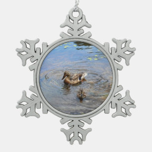 Momma and baby duck snowflake pewter christmas ornament