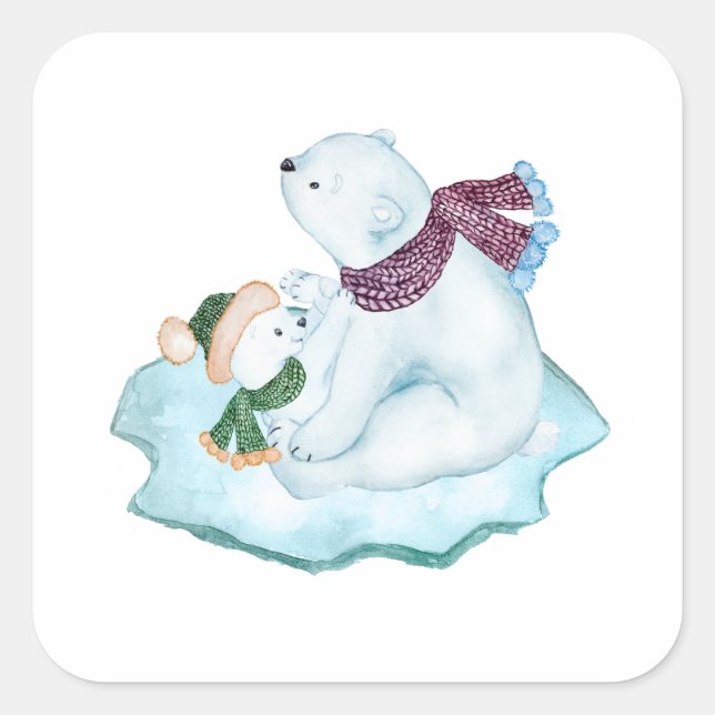 MOMMA & BABY POLAR BEARS SITTING ON ICE FLOE SQUARE STICKER (Front)