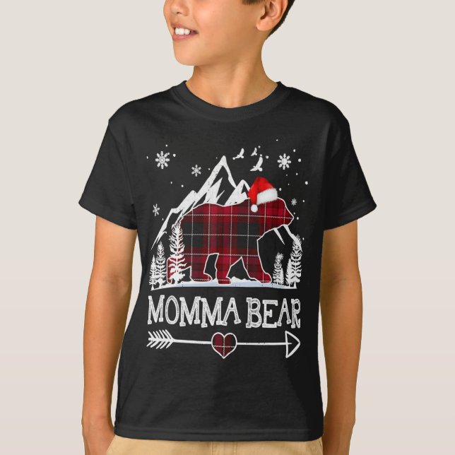 Momma Bear Christmas Pajama Red Plaid Buffalo Fami T-Shirt (Front)