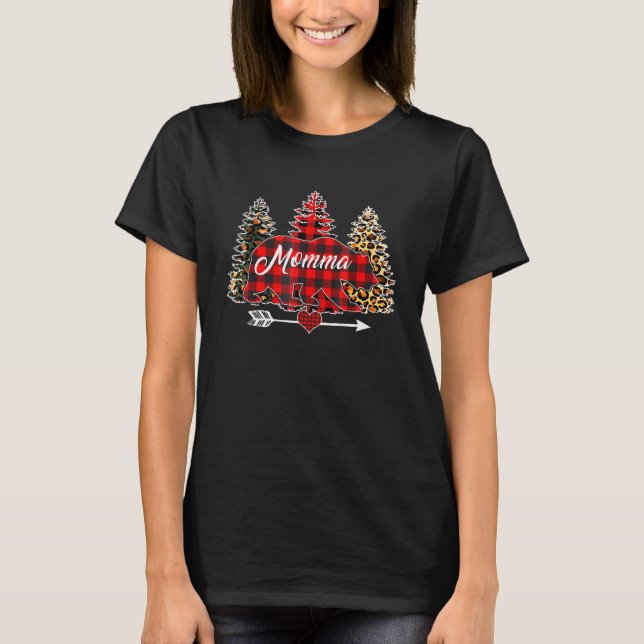 Momma Bear Christmas Tree Leopard Red Buffalo Fami T-Shirt (Front)