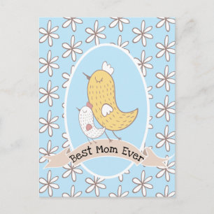 Momma Bird And Baby With White Flowers Postcard