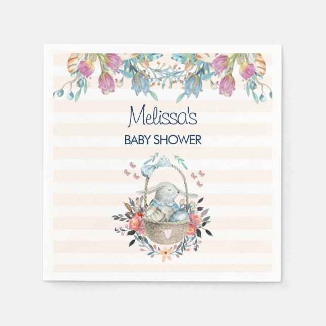 Momma Bunny in Basket & Tulip Florals Baby Shower Napkin (Front)