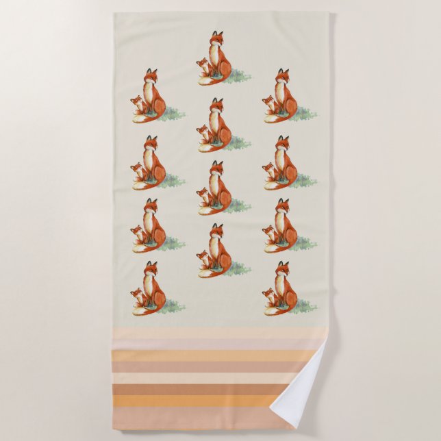 Momma Fox and Baby Watercolor Illustration Beach Towel (Front)