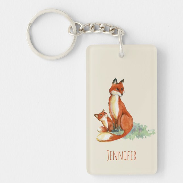 Momma Fox and Baby Watercolor Illustration Key Ring (Front)