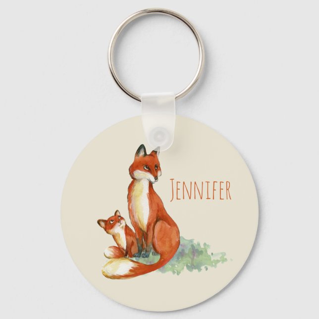 Momma Fox and Baby Watercolor Illustration Key Ring (Front)