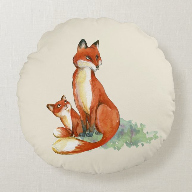 Momma Fox and Baby Watercolor Illustration Round Cushion (Front)