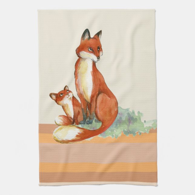 Momma Fox and Baby Watercolor Illustration Tea Towel (Vertical)