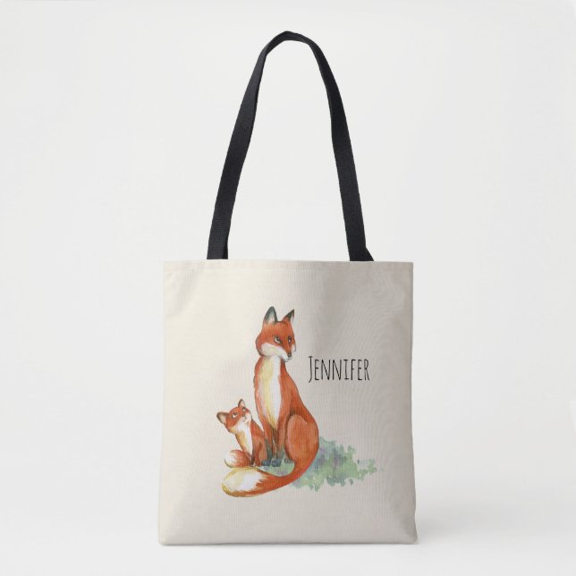 Momma Fox and Baby Watercolor Illustration Tote Bag (Front)