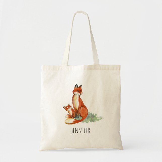 Momma Fox and Baby Watercolor Illustration Tote Bag (Front)