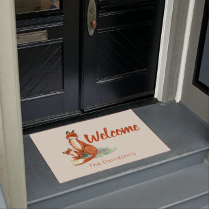 Momma Fox and Baby Watercolor Illustration Welcome Doormat