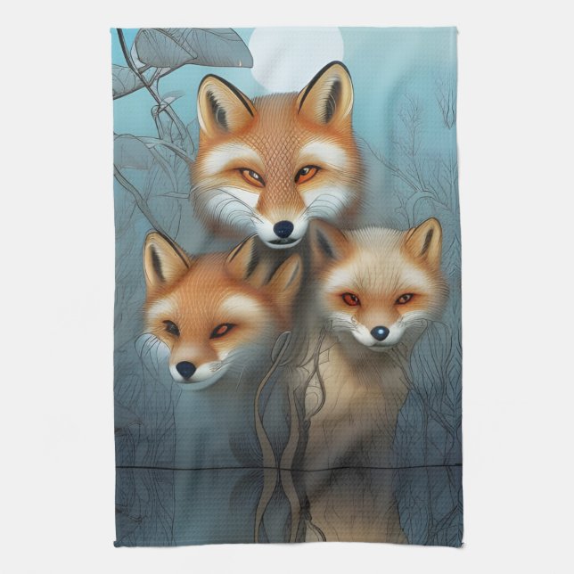 Momma fox and two babies tea towel (Vertical)