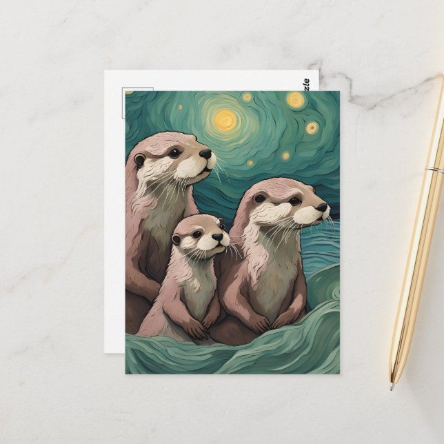 Momma Poppa and Baby Otter in the Ocean Postcard (Front/Back In Situ)