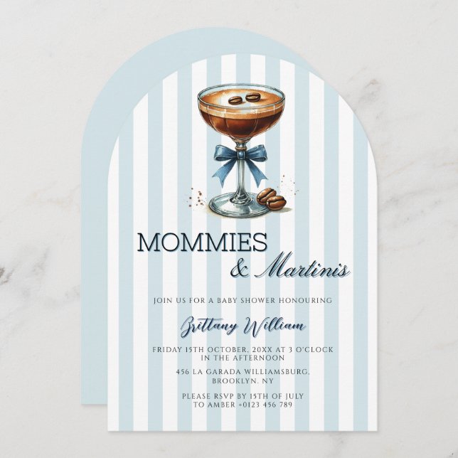 Mommies and Martinis Blue Bow Arch Baby Shower Invitation (Front/Back)