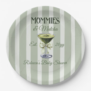 Mommies and Matcha Olive Green Bow Baby Shower Paper Plate