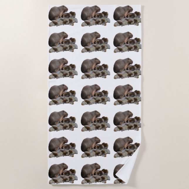 Mommy And Baby Capybaras, Beach Towel (Front)