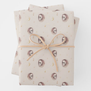 Mommy and Baby Hedgehog Pattern Woodland Wrapping Paper Sheet