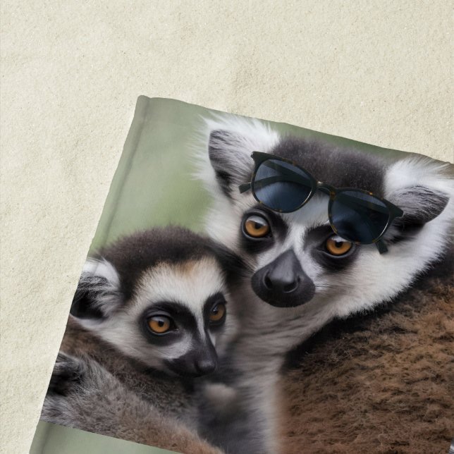 Mommy And Baby Lemur Cuddling, Beach Towel (In Situ)