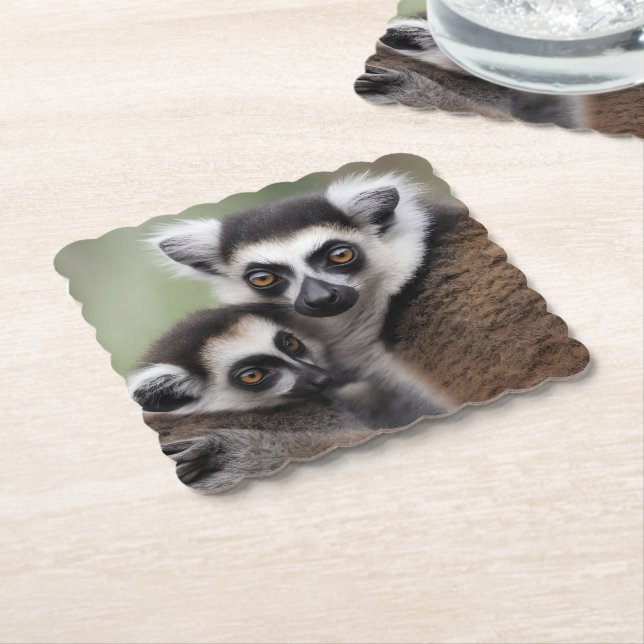 Mommy And Baby Lemur Cuddling, Paper Coaster (Angled)