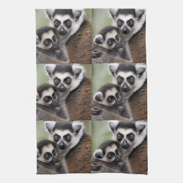 Mommy And Baby Lemur Cuddling, Tea Towel (Vertical)