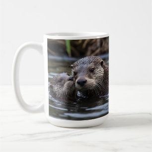 Mommy And Baby Otter Having A Cuddle In The River, Coffee Mug