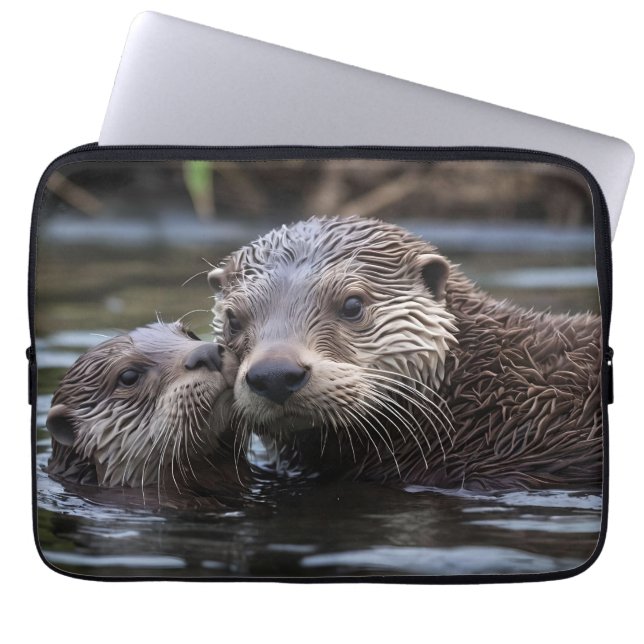 Mommy And Baby Otter Having A Cuddle In The River, Laptop Sleeve (Front)
