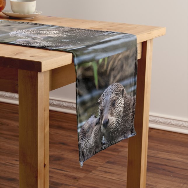 Mommy And Baby Otter Having A Cuddle In The River, Short Table Runner (In Situ)