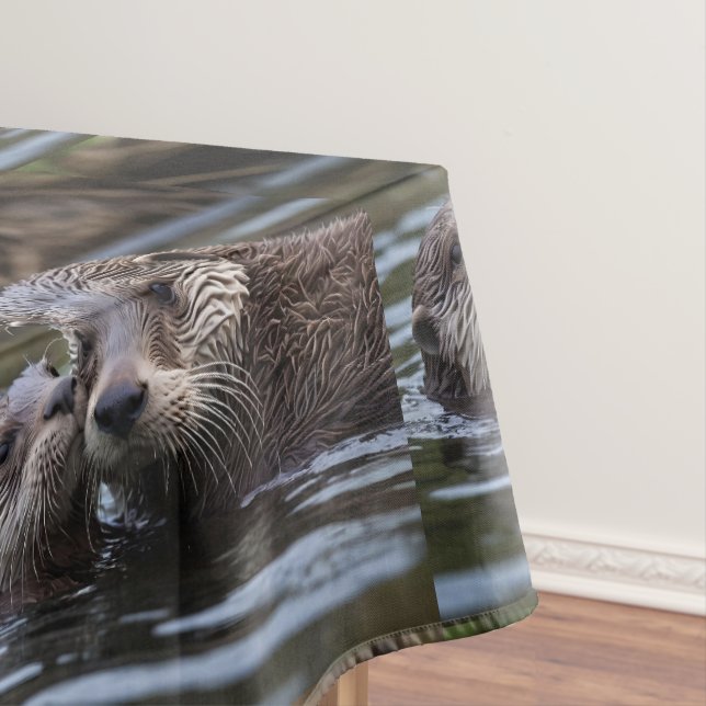 Mommy And Baby Otter Having A Cuddle In The River, Tablecloth (In Situ)