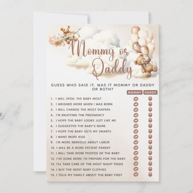 MOMMY OR DADDY Baby Shower Game Bear Balloons Invitation (Front)