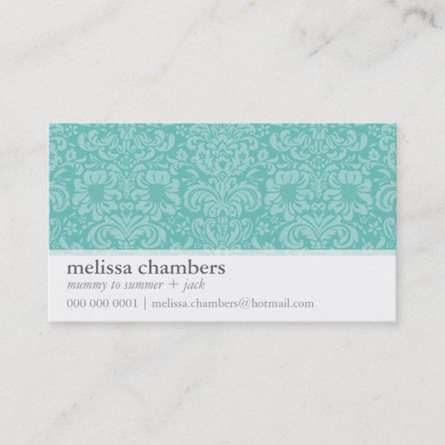 MOMMY PLAYDATE CONTACT cute modern damask mint Calling Card (Front)
