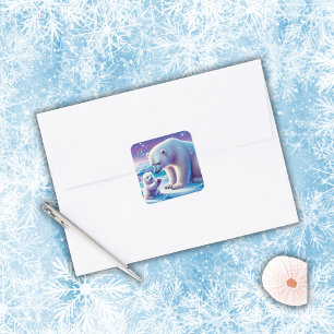 Mommy Polar Bear with Cub   Square Sticker