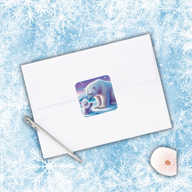 Mommy Polar Bear with Cub | Square Sticker (Creator Uploaded)