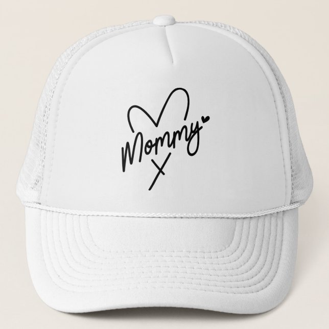 Mommy Simple Modern Script Typography Heart Trucker Hat (Front)