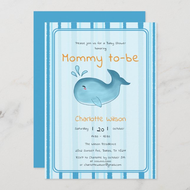 Mommy To Be Cute Whale Baby Shower Invitation (Front/Back)