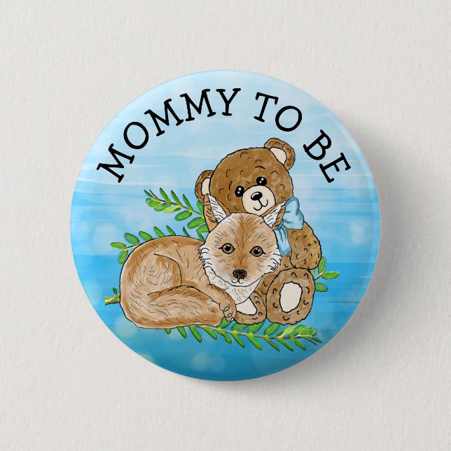 Mommy to be Fox and Teddy Bear Baby Shower 6 Cm Round Badge (Front)