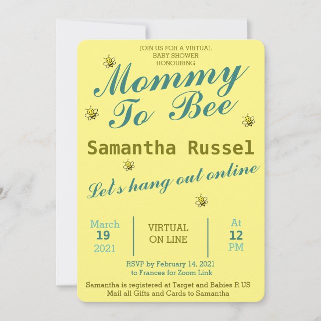 MOMMY TO BEE CUTE VIRTUAL  BABY SHOWER INVITATION (Front)